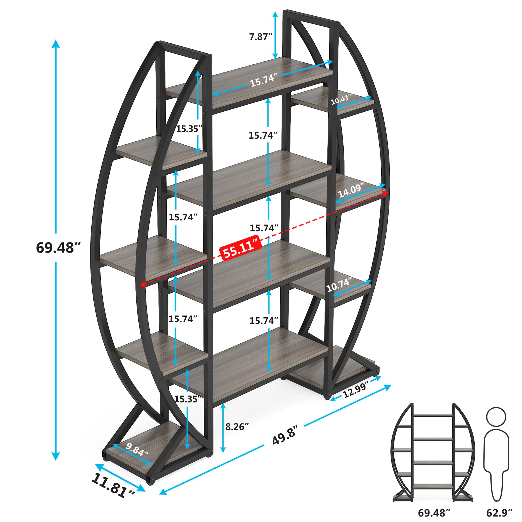 Load image into Gallery viewer, Tribesigns Oval Bookshelf, Triple Wide 5 Tier Etagere Bookcases, Industrial Display Shelves for Living Room (Gray, 55")
