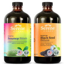 Load image into Gallery viewer, Serene Herbs Soursop Bitters Liquid &amp; Black Seed Bundle – Organic Herbal Guanabana for Digestive Support &amp; Immune Health – Vegan, Non-GMO – 32 oz (16 oz Each), 32 Servings
