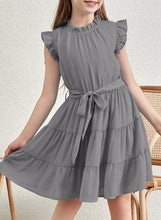 Load image into Gallery viewer, blibean Girl Short Sleeve Dress Tween Kid Summer Boho Ruffle Dresses Preteen Tiered Swing Outfit Solid Flowy Formal Party Fancy Clothes Size 8-9 Years Large Grey

