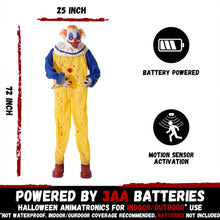 Load image into Gallery viewer, Halloween Animatronic 6ft Killer Clown Decorations, 72inch Animated Clown with Motion Activation, Creepy Sound, Scary Move, Light Up Eyes, Haunted House Spooky Horror Prop for Indoor, Outdoor, Yard
