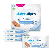 Load image into Gallery viewer, WaterWipes Sensitive+ Newborn &amp; Baby Wipes, 3-In-1 Cleans, Cares, Protects, 99.9% Water, Unscented &amp; Hypoallergenic, 240 Count (4 Packs)
