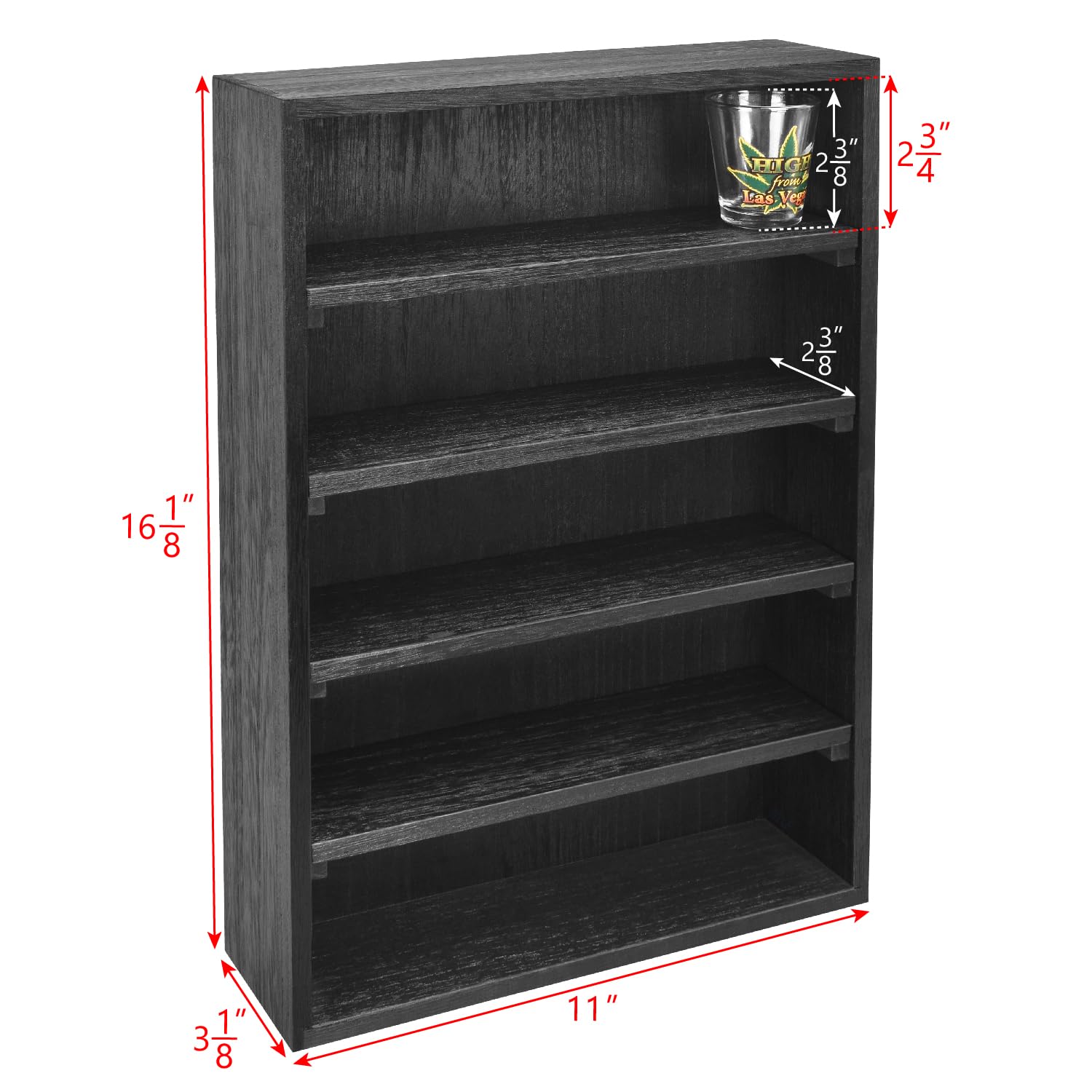 Load image into Gallery viewer, Ikee Design Wooden Wall-Mounted Display Shelves Rack for Collectibles, Figures,Shot Glasses,Spice Can,Cosmetics or Perfume, 5 Adjustable Height Shelves,Space-Saving, Black Color