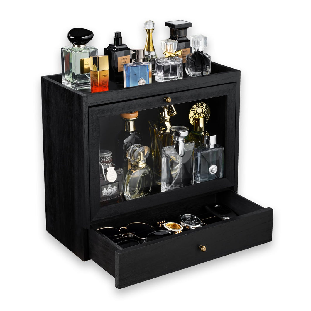 Emfogo Cologne Organizer for Men, Solid Wood Perfumes Organizer for Men Dresser, Large Capacity Dustproof Cologne Holder with Drawer Storage Perfume Stand Organizer, Gift for Men (Black)