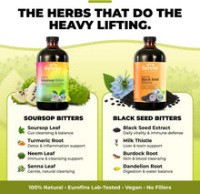 Load image into Gallery viewer, Serene Herbs Soursop Bitters Liquid &amp; Black Seed Bundle – Organic Herbal Guanabana for Digestive Support &amp; Immune Health – Vegan, Non-GMO – 32 oz (16 oz Each), 32 Servings
