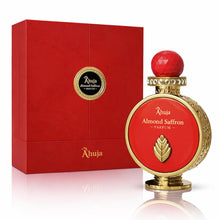 Load image into Gallery viewer, AHUJA Almond Saffron – 3.4 oz Parfum | Unisex Warm Floral Saffron Scent | 30% Long Lasting Oil | Saffron, Jasmine, Orange Blossom, Rose, Ambergris, Cedarwood | Luxury Orange Gift Box
