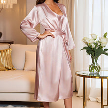 Load image into Gallery viewer, Satin Nightgown and Robe Sets for Women 2 Piece Sexy V-Neck Silk Slip Dress Long Chemise Sleepwear Pajamas with Belt Pink
