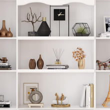 Load image into Gallery viewer, Homsee Tall Bookcase Bookshelf with Shelves, Drawers &amp; 2 Carved Glass Doors, Wooden Display Storage Cabinet with 14 Compartments for Home Office, Living Room, White (63" W x 15.7”D x 78.7”H)
