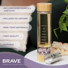 Load image into Gallery viewer, The Brave Soul Crystal Water Bottle, Slim Crystal Water Bottle Tea Infuser, Double Wall Glass for Hot and Cold Drinks. Slim Crystal Water Bottles with Crystals Inside. Eco-friendly &amp; Relaxing Gifts
