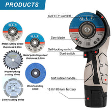 Load image into Gallery viewer, ZFULVO Cordless Brush Angle Grinder Kit, 19500rpm Mini Electric Angle Grinding Tool with 2pcs 16.8V 2000mAh Batteries and 6-Cutting Discs, Grinder Handheld Cutter for Metal Wood
