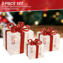 Load image into Gallery viewer, 3-Piece Lighted Gift Boxes - Pre Lit Christmas Decoration with Ribbons for Indoor/Outdoor Use (8in) - Weather Resistant Yard Home Decor with Warm UL Lights
