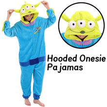 Load image into Gallery viewer, COSUSKET Fitted Unisex Adult Aliens Onesie Pajamas, Halloween Flannel Women's Cosplay One Piece Costume Green/Blue

