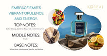 Load image into Gallery viewer, KORBAJ PARFUMS Emir - Arabian Perfume for Women, Eau de Parfum Men with with Sicilian Orange, Calabrian Bergamot - White Musk, Vanilla, Amber and Fruity Notes100ml
