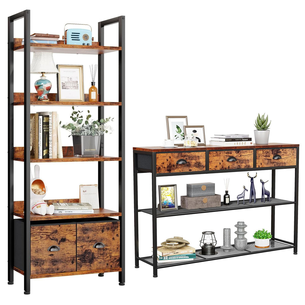 Furologee 5 Tier Bookshelf and Entryway Table Set, Adjustable Tall Bookcase with 2 Drawers, 38'' Console Sofa Table with 3 Fabric Drawers