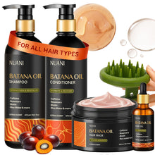 Load image into Gallery viewer, Nuani Batana Oil Shampoo and Conditioner Set (16 fl oz / 470 ml) with Rosemary &amp; Caffeine | Includes Deep Mask, Hair Oil &amp; Silicone Scalp Massager | Sulfate-Free, Paraben-Free for Fuller-Looking Hair.
