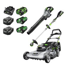 Load image into Gallery viewer, EGO POWER+ 56V Starter Collection 21" Cordless Push Lawn Mower LM2114 &amp; 15" Powerload String Trimmer ST1511T &amp; 615CFM Leaf Blower LB6151, (1) 4Ah (2) 2.5Ah Batteries and (3) Chargers Included
