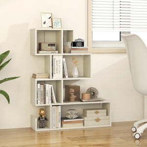 Tangkula S-Shaped Bookshelf, 5-Tier Modern Geometric Stepped Bookcase with Anti-Tipping Kits, Freestanding Corner Ladder Display Rack for Living Room Home Office (1, White)