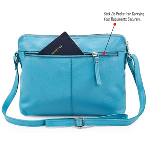 Wise Owl Accessories Small Soft Pebbled Real Leather Crossbody Handbags Purses Triple Zip Premium Sling Crossover Shoulder Bag for Women Gift (Air Blue Nappa)