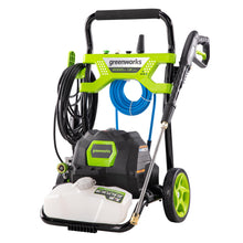 Load image into Gallery viewer, Greenworks 2000 PSI (1.2 GPM) Electric Pressure Washer, Steel Wand, On-Board Soap Tank (25°, 40°, Soap, and Turbo Nozzle)
