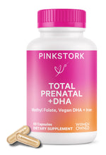 Load image into Gallery viewer, Pink Stork Total Prenatal Vitamins with DHA, Folate, Iron, Choline, and Vitamin B12 - Prenatals for Women to Support Fetal Development, Pregnancy Must Haves - 60 Capsules, 1 Month Supply
