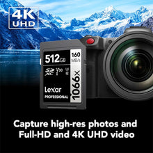 Load image into Gallery viewer, Lexar 512GB Professional 1066x SDXC Memory Card, UHS-I, C10, U3, V30, Full-HD &amp; 4K Video, Up To 160MB/s Read, for DSLR and Mirrorless Cameras (LSD1066512G-BNNNU)

