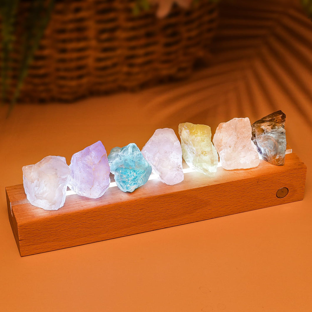 Healing Crystal Night Light,7 Chakra Natural Bedside Lamp with Wooden LED Light Base,Healing Stones Positive Energy Night Lights for Home Decor Gifts (Rechargeable)