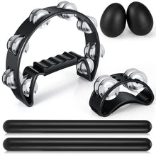 Load image into Gallery viewer, Yeshone 6 Pcs Tambourines for Adults, Hand Held Half Moon Tambourine Foot Tambourine with Bells Wood Rhythm Sticks Egg Shakers Musical Hand Percussion Instrument Set for Party Music Supplies (Black)
