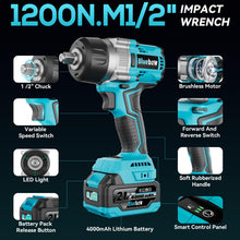 Load image into Gallery viewer, 1/2 Inch Cordless Impact Wrench, 900 Ft-lbs (1200 N·m) High Torque Brushless Impact Driver Gun, 2300 RPM, 2×4.0 Ah Batteries, LED Light, 4 Sockets, Variable Speed Power Tool for Car &amp; Tire Removal
