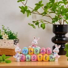 Load image into Gallery viewer, yumhum 3 Bunny Holding Eggs and Happy Easter Decorations, Resin Easter Bunny Rabbits Figurine Tabletop Centerpiece for Spring Decor Easter Home Office Party Decor

