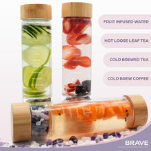 Load image into Gallery viewer, The Brave Soul Crystal Water Bottle, Slim Crystal Water Bottle Tea Infuser, Double Wall Glass for Hot and Cold Drinks. Slim Crystal Water Bottles with Crystals Inside. Eco-friendly &amp; Relaxing Gifts
