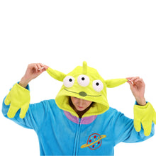 Load image into Gallery viewer, COSUSKET Fitted Unisex Adult Aliens Onesie Pajamas, Halloween Flannel Women's Cosplay One Piece Costume Green/Blue

