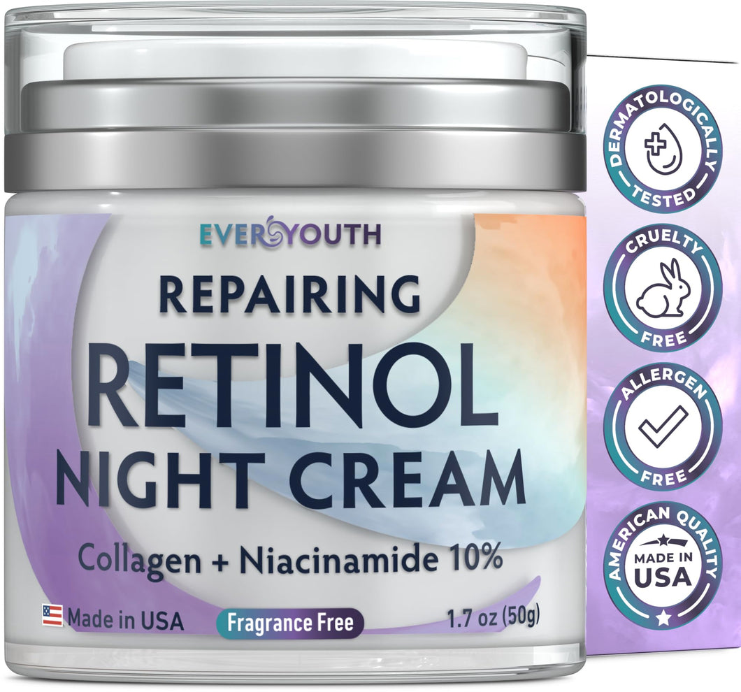 EVERYOUTH Night Cream Face Moisturizer with Retinol, Collagen, Niacinamide 10%, Anti Wrinkle Face Cream, Made in USA, Retinol Cream for Face, Anti Aging Face Cream, Face Moisturizer for Women, 1.7oz