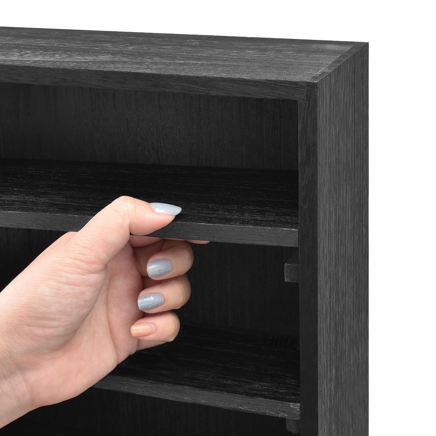 Load image into Gallery viewer, Ikee Design Wooden Wall-Mounted Display Shelves Rack for Collectibles, Figures,Shot Glasses,Spice Can,Cosmetics or Perfume, 5 Adjustable Height Shelves,Space-Saving, Black Color