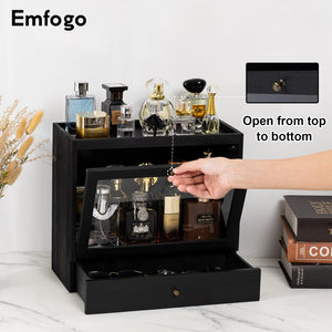 Emfogo Cologne Organizer for Men, Solid Wood Perfumes Organizer for Men Dresser, Large Capacity Dustproof Cologne Holder with Drawer Storage Perfume Stand Organizer, Gift for Men (Black)