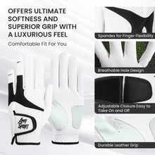Load image into Gallery viewer, Golf Gloves Men Leather Left Hand for Right Handed Golfer Value 2 Pack, Mens Golf Glove for All Weather Grip Comfortable, Pro Design Fit Size Small Medium ML Large XL (White-1 Pack, Large, Left)
