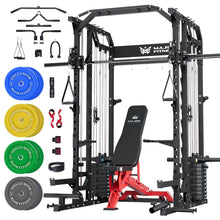 Load image into Gallery viewer, Major Fitness Drone2 Premium Smith△ Machine, All-in-One Home Gym Squat Rack with Aluminum Pulley Set, Weight Bar (BK D2AW Package(with Red Bench+230lb))
