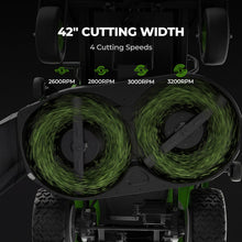 Load image into Gallery viewer, NovorikX 54V 42'' Cordless Electric Riding Lawn Mower, Zero Turn Lawn Mower with 4 * 10AH Batteries and Plug in Charger for Large Yard

