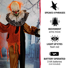 Load image into Gallery viewer, Haunted Hill Farm Life-Size Scary Talking Clown, Halloween Animatronic with Motion and Touch Activated Lights and Sounds, Battery Operated Indoor or Covered Outdoor Halloween Decorations
