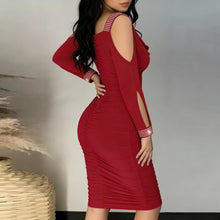 Load image into Gallery viewer, Women Rhinestone Cold Shoulder Ruched Cowl Neck Bodycon Midi Dress Sexy Elegant Vintage Party Cocktail Club Date Night Office Wear Red
