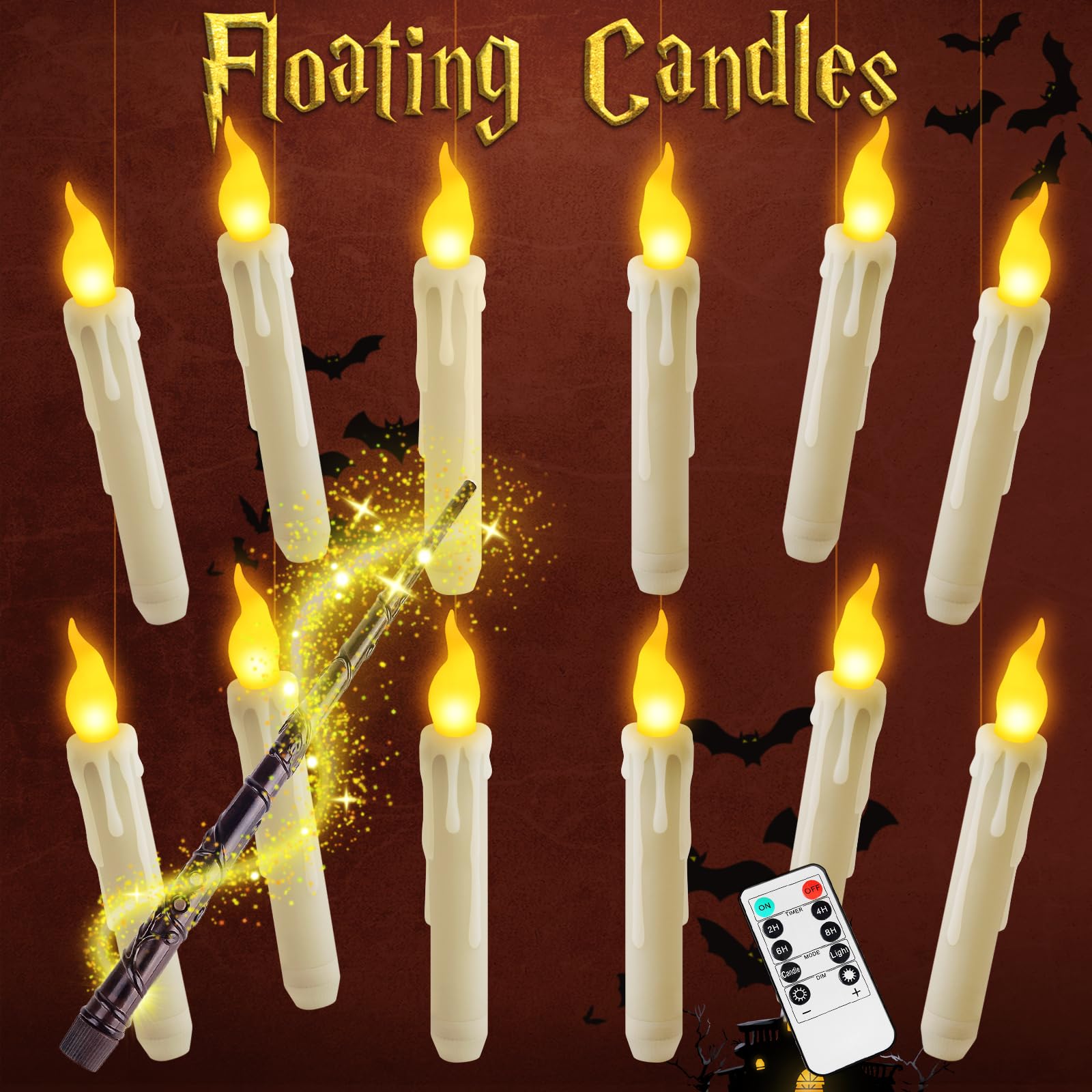 Load image into Gallery viewer, Qmioti Floating Candles with Wand Timer Remote Control - 12 Pack Flickering Warm Light LED Candle, Halloween Decorations for Indoor Outdoor Home Room, Party, Birthday, Wedding (White)