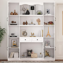 Load image into Gallery viewer, Homsee Tall Bookcase Bookshelf with Shelves, Drawers &amp; 2 Carved Glass Doors, Wooden Display Storage Cabinet with 14 Compartments for Home Office, Living Room, White (63" W x 15.7”D x 78.7”H)
