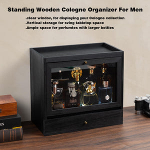 Emfogo Cologne Organizer for Men, Solid Wood Perfumes Organizer for Men Dresser, Large Capacity Dustproof Cologne Holder with Drawer Storage Perfume Stand Organizer, Gift for Men (Black)