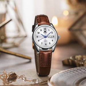 OLEVS Classic Leather Watches for Women, Business Dress Arabic Numerals Ladies Watches, Day Date Waterproof Analog Quartz Womens Wrist Watches Brown Leather Strap White Face Relojes para Mujer