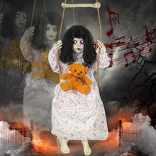 Load image into Gallery viewer, Hourleey Halloween Decorations Outdoor, Hanging Swinging Girl Doll Sound Activated with Lighted Eyes Creepy Sound, Animatronics Halloween Decor for Indoor Trees Party Garden Haunted House Prop

