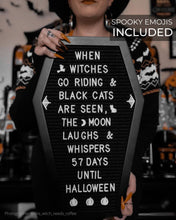 Load image into Gallery viewer, Coffin Letter Board Black With Spooky and All Seasons Emojis +500 Characters, and Wooden Stand - 17x10.5 Inches - Halloween Decorations Gothic Decor Spooky Gifts

