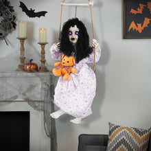 Load image into Gallery viewer, Hourleey Halloween Decorations Outdoor, Hanging Swinging Girl Doll Sound Activated with Lighted Eyes Creepy Sound, Animatronics Halloween Decor for Indoor Trees Party Garden Haunted House Prop
