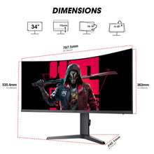 Load image into Gallery viewer, KOORUI 34 Inch Ultrawide Curved Gaming Monitor 144Hz 165Hz, 1ms, 1000R, WQHD 3440×1440, 21:9, DCI-P3 90% Color Gamut, Adaptive Sync Compatible, Tilt/Height Adjustable Stand, HDMI/Display Port, 34E6UC
