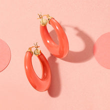 Load image into Gallery viewer, Ross-Simons Simulated Coral Hoop Earrings in 14kt Yellow Gold
