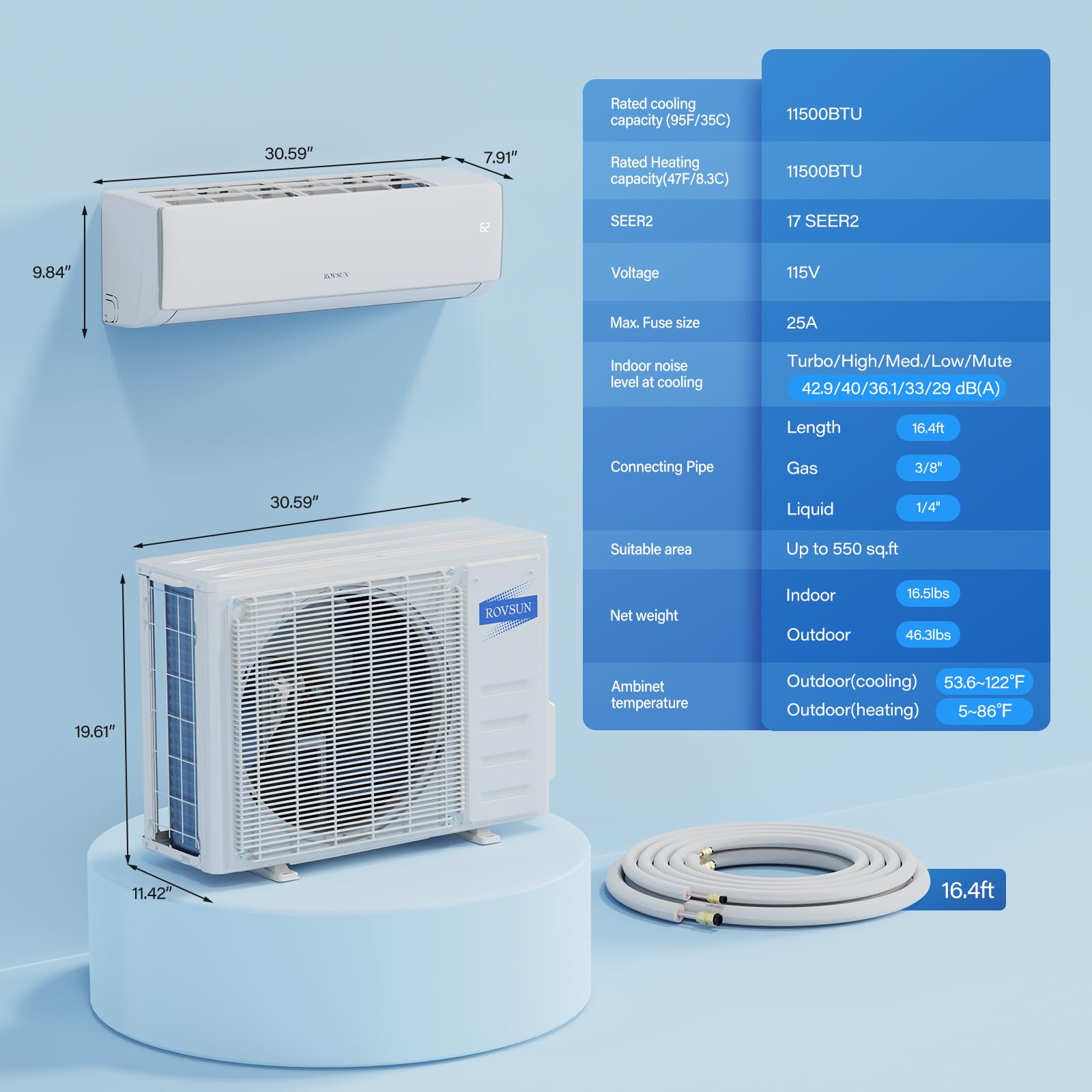Load image into Gallery viewer, ROVSUN 11500 BTU Wifi Enabled Mini Split Air Conditioner & Heater, 17 SEER2 115V Inverter Ductless Wall AC Unit with Pre-Charged Condenser, Heat Pump & Installation Kit