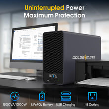 Load image into Gallery viewer, GOLDENMATE 1500VA/1000W Lithium UPS Battery Backup and Surge Protector, Backup Battery Power Supply with LiFePO4 Batteries(296Wh), AVR, Line Interactive Sinewave UPS System, 8 Ports, LCD Screen, Gray
