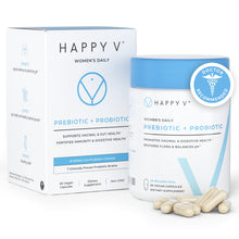 Load image into Gallery viewer, Happy v Dr. Formulated Vaginal Probiotics for Women, Clinically Proven Womens Probiotic for Vaginal Health &amp; pH Balance Complex, Natural BV Treatment &amp; Yeast Infection Prebiotics, 60 Vegan Capsules
